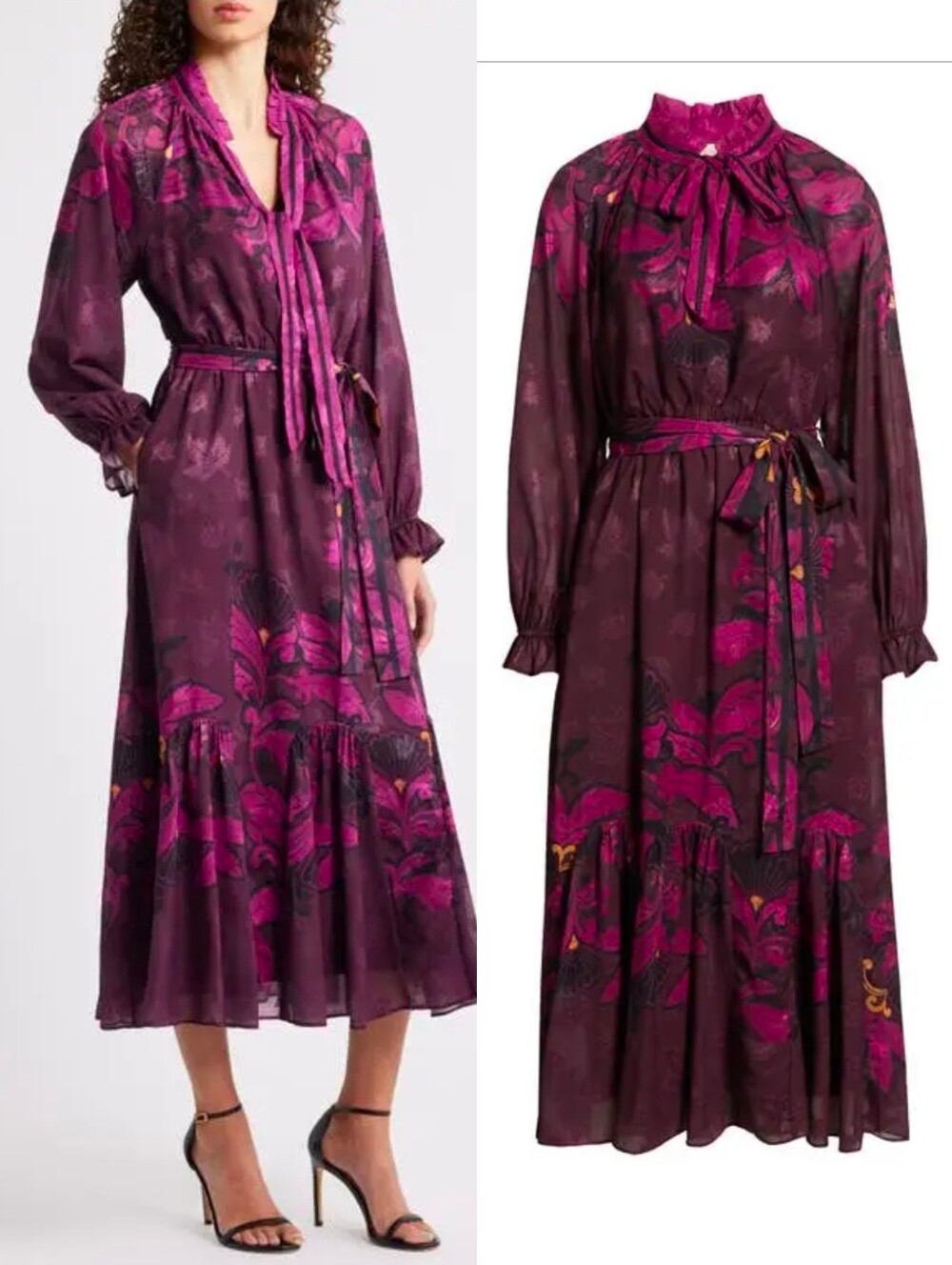 NWT CIEBON Magenta Burgundy Natalie Floral Metallic Mixed Long Sleeve Midi Dress